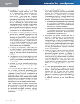Appendix E                                                       Software End User License Agreement

   a)	 Accompany the work with the complete                     7.	 You may place library facilities that are a work based
       corresponding machine-readable source code                   on the Library side-by-side in a single library together
       for the Library including whatever changes were              with other library facilities not covered by this License,
       used in the work (which must be distributed                  and distribute such a combined library, provided that
       under Sections 1 and 2 above); and, if the work              the separate distribution of the work based on the
       is an executable linked with the Library, with the           Library and of the other library facilities is otherwise
       complete machine-readable “work that uses the                permitted, and provided that you do these two things:
       Library”, as object code and/or source code, so that        a)	 Accompany the combined library with a copy of the
       the user can modify the Library and then relink                 same work based on the Library, uncombined with
       to produce a modified executable containing the                 any other library facilities. This must be distributed
       modified Library. (It is understood that the user               under the terms of the Sections above.
       who changes the contents of definitions files in the
       Library will not necessarily be able to recompile the       b)	 Give prominent notice with the combined library of
       application to use the modified definitions.)                   the fact that part of it is a work based on the Library,
                                                                       and explaining where to find the accompanying
   b)	 Use a suitable shared library mechanism for linking             uncombined form of the same work.
       with the Library. A suitable mechanism is one that
       (1) uses at run time a copy of the library already       8.	 You may not copy, modify, sublicense, link with, or
       present on the user’s computer system, rather than           distribute the Library except as expressly provided
       copying library functions into the executable, and           under this License. Any attempt otherwise to copy,
       (2) will operate properly with a modified version of         modify, sublicense, link with, or distribute the Library
       the library, if the user installs one, as long as the        is void, and will automatically terminate your rights
       modified version is interface-compatible with the            under this License. However, parties who have received
       version that the work was made with.                         copies, or rights, from you under this License will not
                                                                    have their licenses terminated so long as such parties
   c)	 Accompany the work with a written offer, valid               remain in full compliance.
       for at least three years, to give the same user the
       materials specified in Subsection 6a, above, for a       9.	 You are not required to accept this License, since you
       charge no more than the cost of performing this              have not signed it. However, nothing else grants you
       distribution.                                                permission to modify or distribute the Library or its
                                                                    derivative works. These actions are prohibited by law if
   d)	 If distribution of the work is made by offering access       you do not accept this License. Therefore, by modifying
       to copy from a designated place, offer equivalent            or distributing the Library (or any work based on the
       access to copy the above specified materials from            Library), you indicate your acceptance of this License
       the same place.                                              to do so, and all its terms and conditions for copying,
   e)	 Verify that the user has already received a copy of          distributing or modifying the Library or works based
       these materials or that you have already sent this           on it.
       user a copy.                                             10.	Each time you redistribute the Library (or any work
                                                                    based on the Library), the recipient automatically
   For an executable, the required form of the “work that
                                                                    receives a license from the original licensor to copy,
   uses the Library” must include any data and utility
                                                                    distribute, link with or modify the Library subject
   programs needed for reproducing the executable from
                                                                    to these terms and conditions. You may not impose
   it. However, as a special exception, the materials to be
                                                                    any further restrictions on the recipients’ exercise of
   distributed need not include anything that is normally
                                                                    the rights granted herein. You are not responsible
   distributed (in either source or binary form) with the
                                                                    for enforcing compliance by third parties with this
   major components (compiler, kernel, and so on) of the
                                                                    License.
   operating system on which the executable runs, unless
   that component itself accompanies the executable.
   It may happen that this requirement contradicts the
   license restrictions of other proprietary libraries that
   do not normally accompany the operating system.
   Such a contradiction means you cannot use both
   them and the Library together in an executable that
   you distribute.




Wireless-N Home Router                                                                                                      48
 