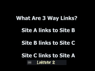 What Are 3 Way Links? Site A links to Site B Site B links to Site C Site C links to Site A 