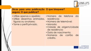 Dicas para uma publicação
segura: O que publicar?
O que bloquear?
• Utilize apenas o apelido;
• Utilize desenhos animados,
figuras ou avatares;
• Torne o perfil privado.
• Número de telefone da
residência;
• Número de telemóvel;
• Morada;
• Cidade de origem/cidade
de residência;
• Data de nascimento;
• Números de cartão de
crédito.
 