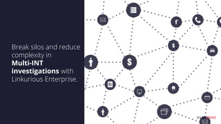 Break silos and reduce
complexity in
Multi-INT
investigations with
Linkurious Enterprise.
 