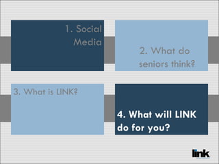 1. Social Media 3. What is LINK? 4. What will LINK do for you? 2. What do seniors think? 