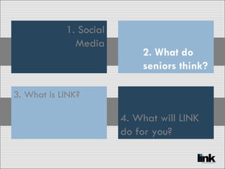 1. Social Media 2. What do seniors think? 3. What is LINK? 4. What will LINK do for you? 