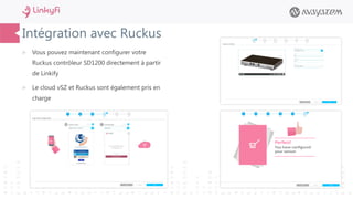 Intégration avec Ruckus
 Vous pouvez maintenant configurer votre
Ruckus contrôleur SD1200 directement à partir
de Linkify
 Le cloud vSZ et Ruckus sont également pris en
charge
 