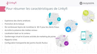 Pour résumer les caractéristiques de Linkyfi
 Expérience des clients améliorés
 Promotion de la marque
 De nombreuses façons de monétisez le Wi-Fi pour les clients finaux
 Accroître la présence des médias sociaux
 Localisation basé sur le contenu
 Gardiennage virtuel et d'autres activités de marketing de pointe
 Rapports riches
 Configuration transparente des points d'accès Ruckus
 