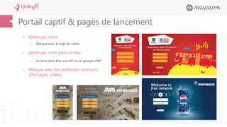Portail captif & pages de lancement
 Dédié par client
 Marqué avec le logo du client
 Dédié par zone dans un lieu
 La zone peut être une AP ou un groupe d’AP
 Marqué avec des publicités sponsors,
affichages, vidéos
 