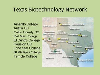 Texas Biotechnology Network Amarillo College Austin CC Collin County CC Del Mar College El Centro College Houston CC Lone Star College St Phillips College  Temple College 
