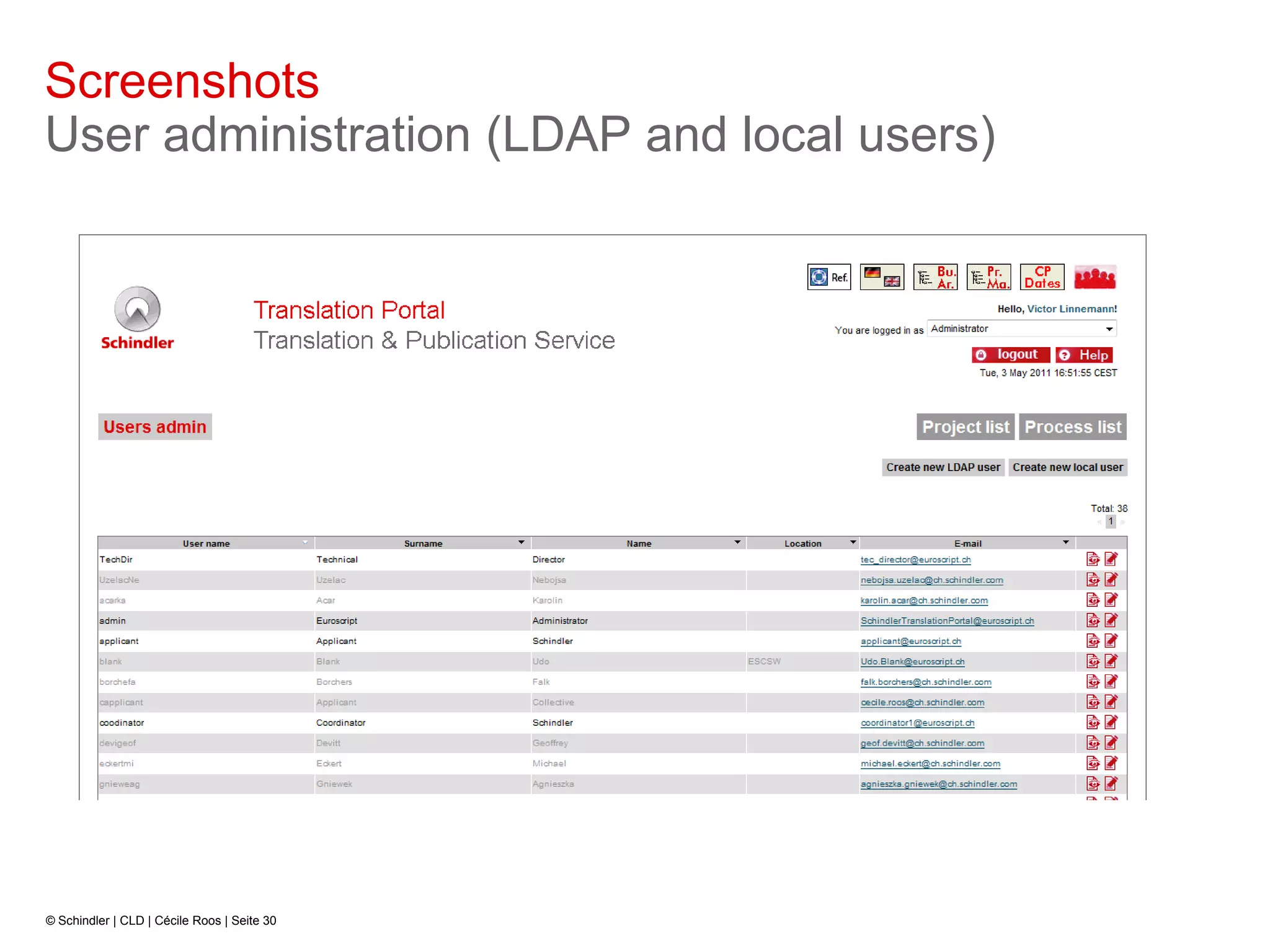 Screenshots
User administration (LDAP and local users)




© Schindler | CLD | Cécile Roos | Seite 30
 