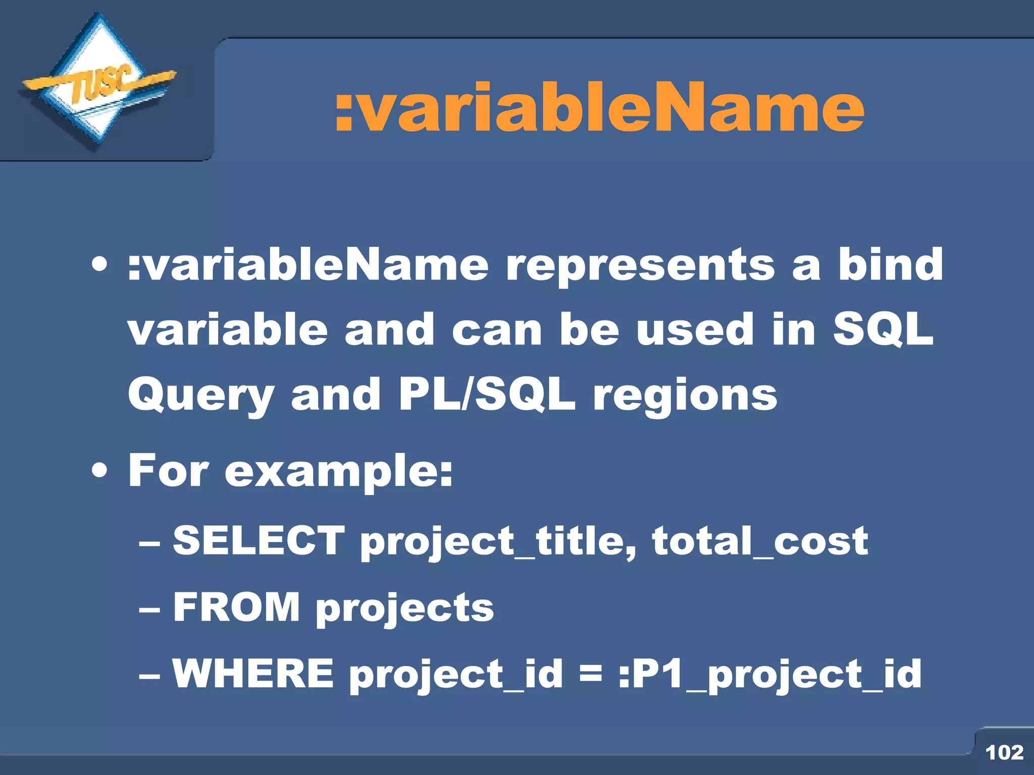 :variableName :variableName represents a bind variable and can be used in SQL Query and PL/SQL regions For example: SELECT project_title, total_cost FROM projects WHERE project_id = :P1_project_id 