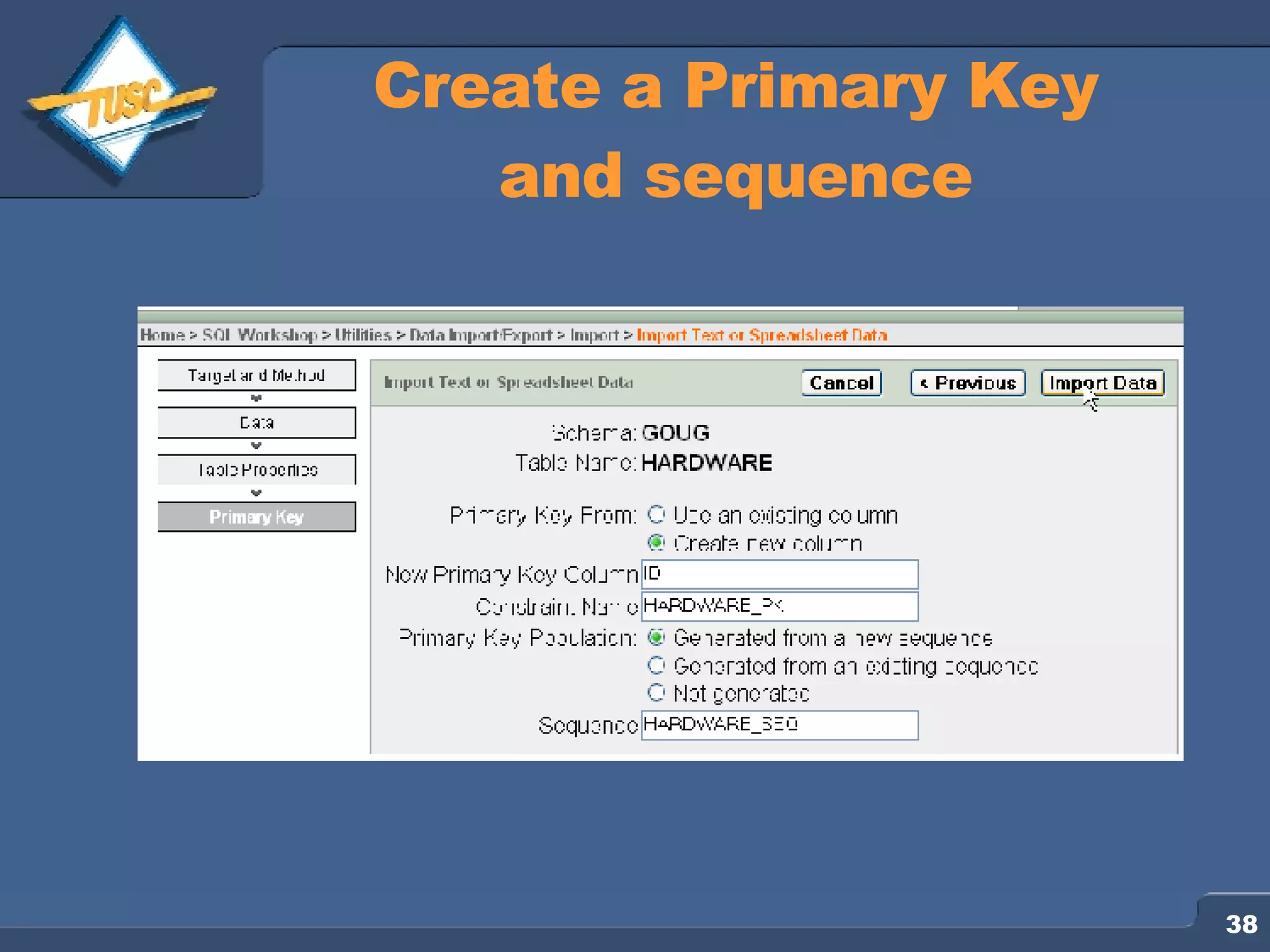 Create a Primary Key and sequence 