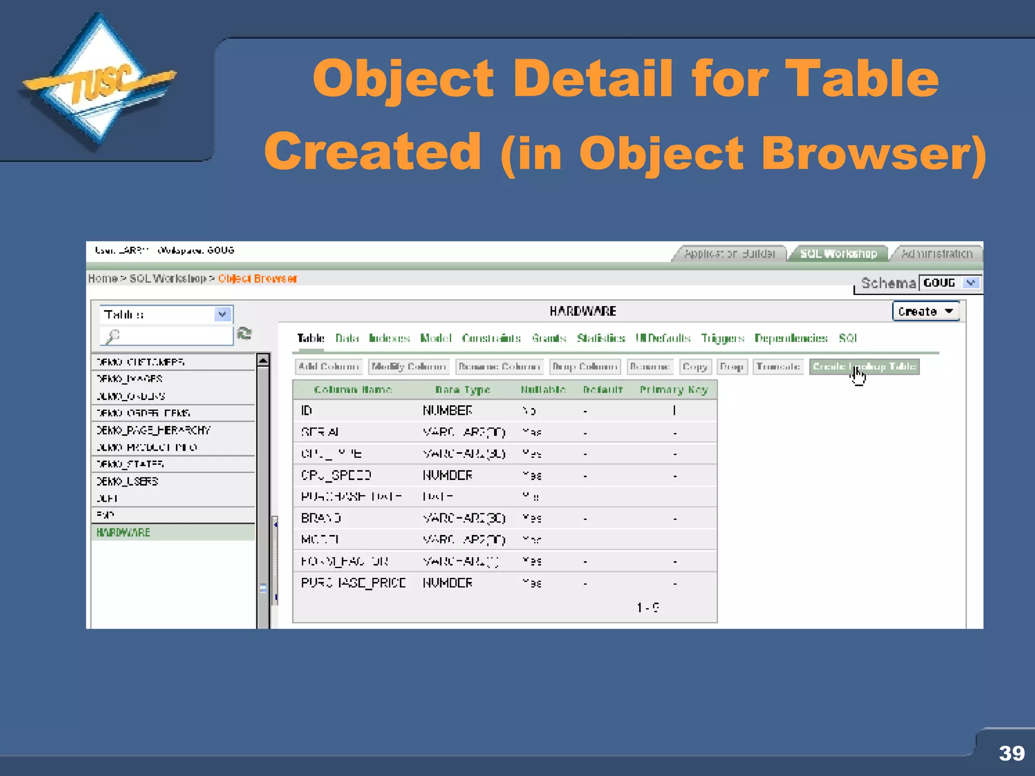 Object Detail for Table Created (in Object Browser) 
