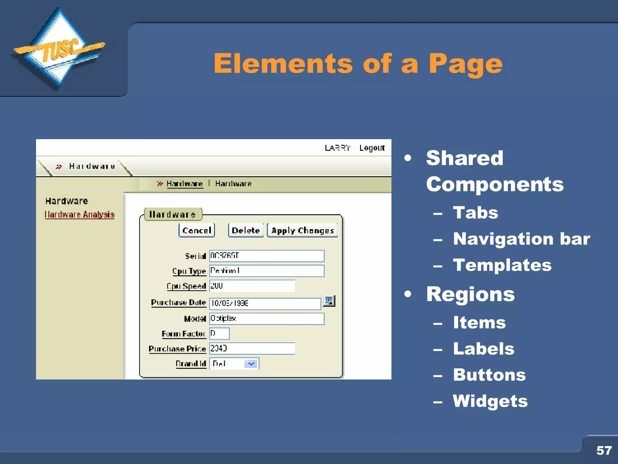 Elements of a Page Shared Components Tabs Navigation bar Templates Regions Items Labels Buttons Widgets 