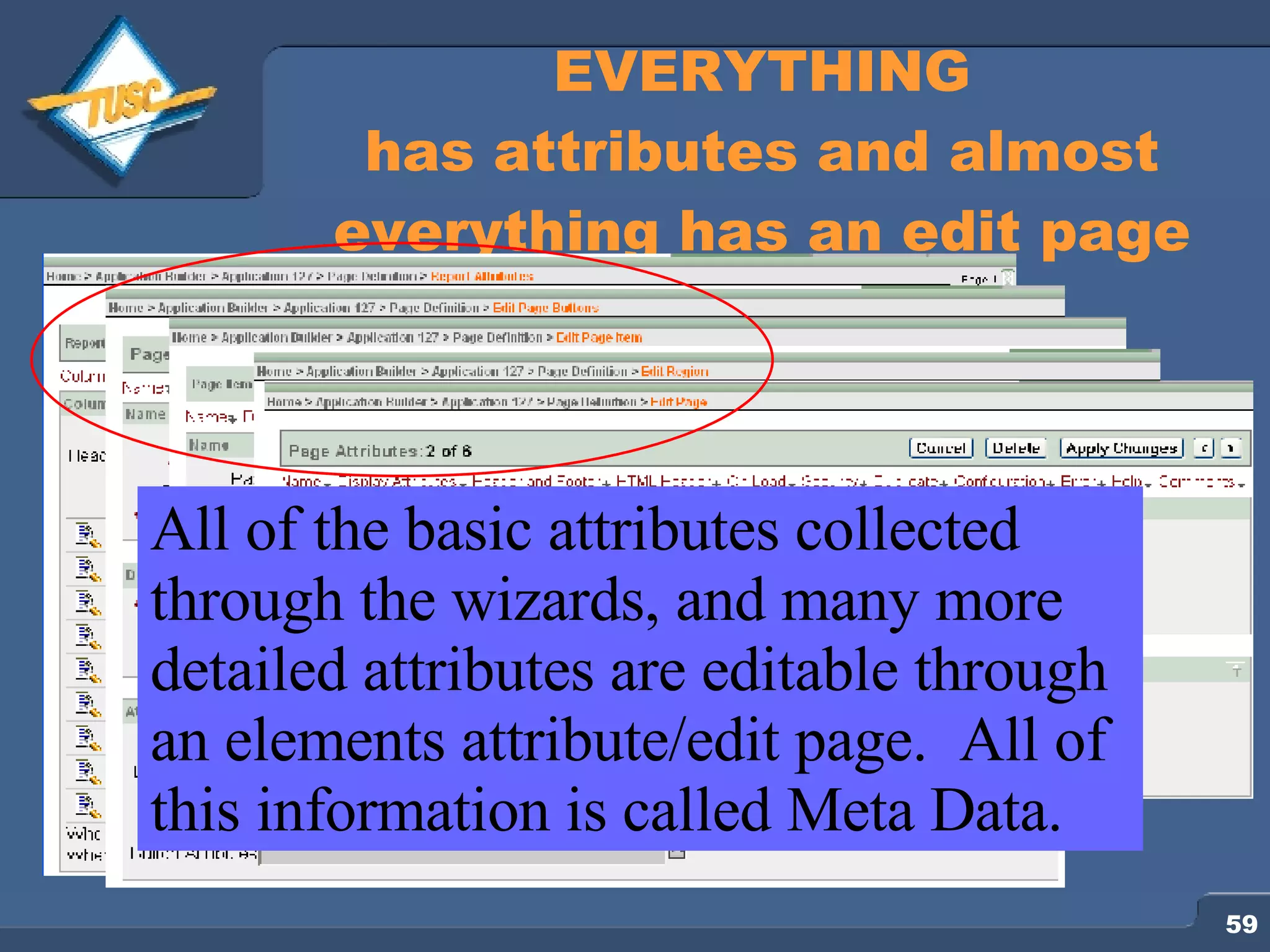 EVERYTHING has attributes and almost everything has an edit page All of the basic attributes collected through the wizards, and many more detailed attributes are editable through an elements attribute/edit page. All of this information is called Meta Data. 