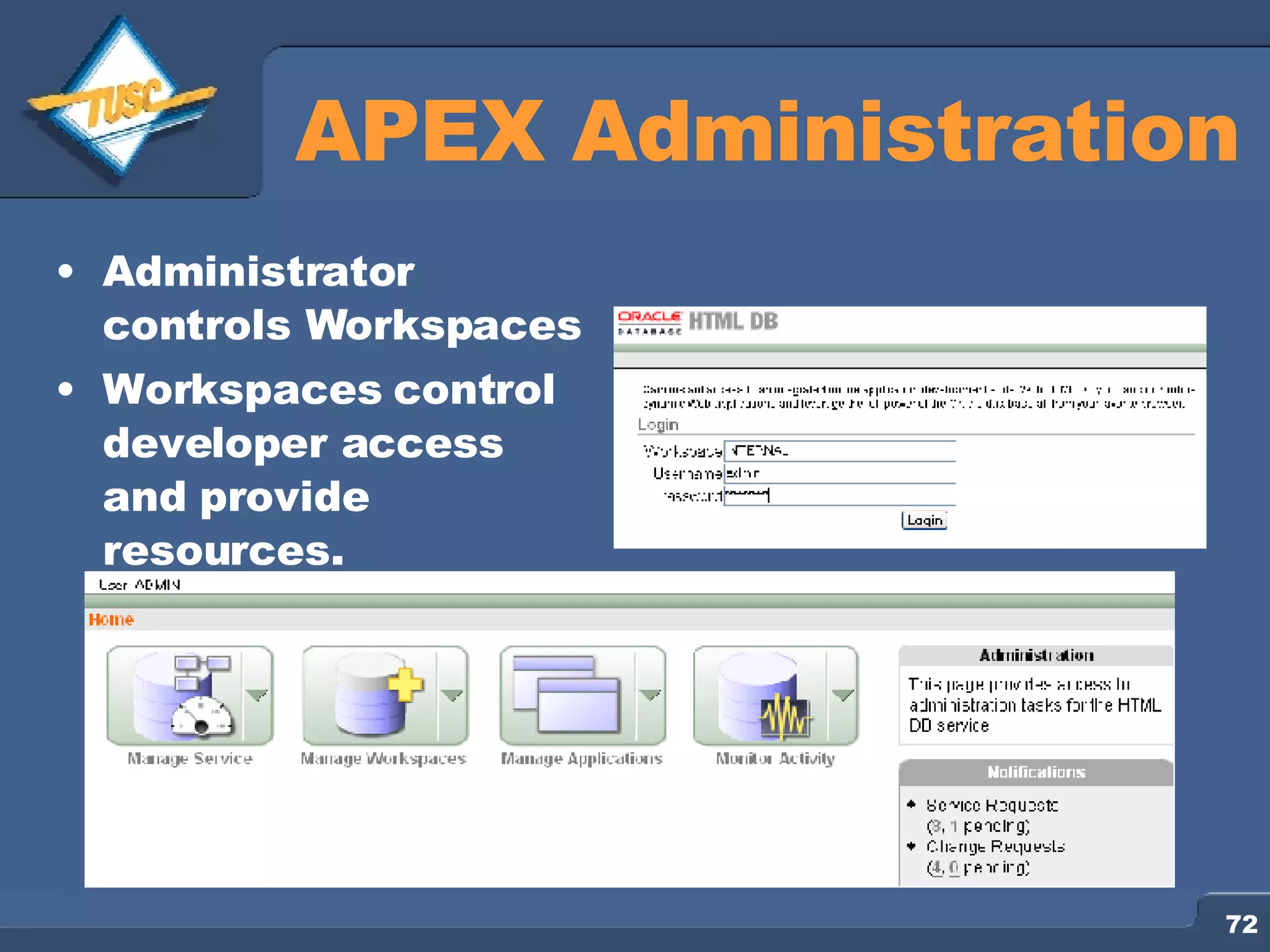 APEX Administration Administrator controls Workspaces Workspaces control developer access and provide resources. 
