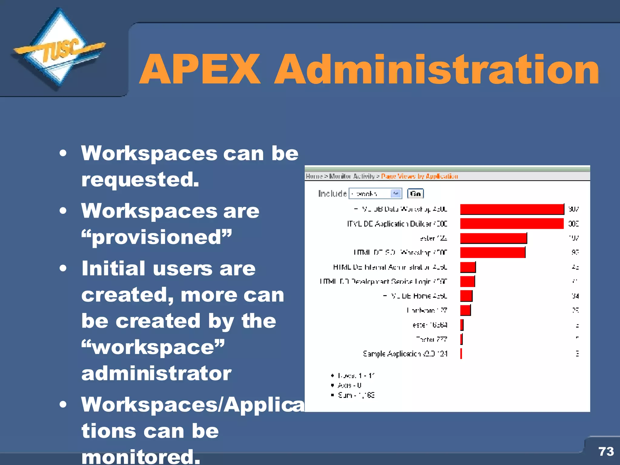 APEX Administration Workspaces can be requested. Workspaces are “provisioned” Initial users are created, more can be created by the “workspace” administrator Workspaces/Applications can be monitored. 