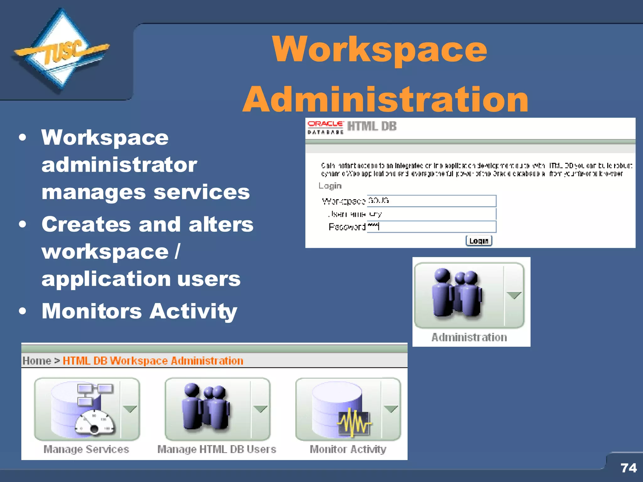 Workspace Administration Workspace administrator manages services Creates and alters workspace / application users Monitors Activity 