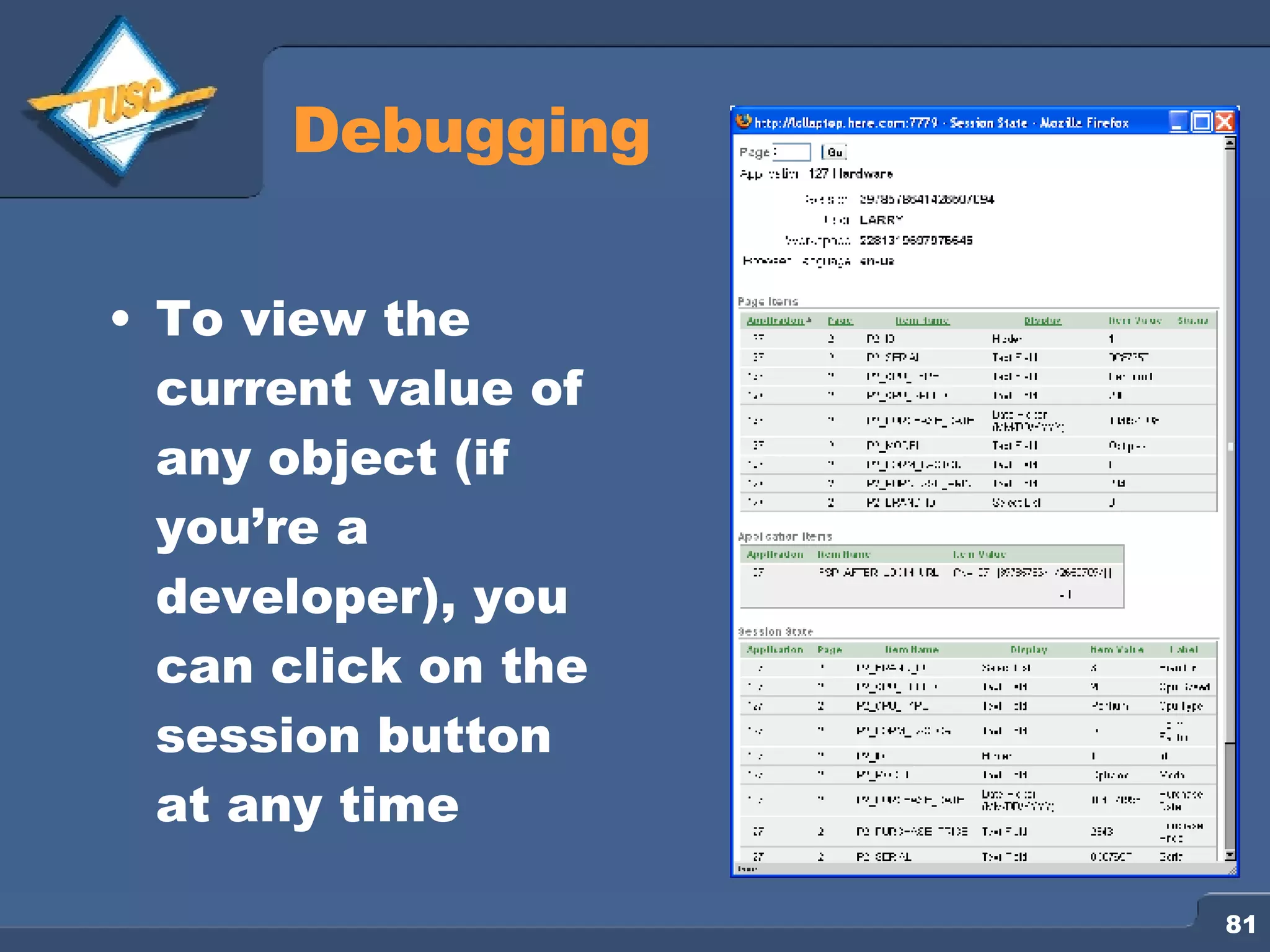 Debugging To view the current value of any object (if you’re a developer), you can click on the session button at any time 