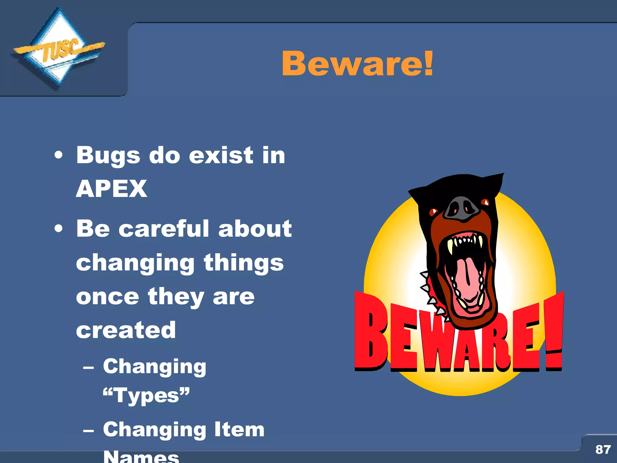 Beware! Bugs do exist in APEX Be careful about changing things once they are created Changing “Types” Changing Item Names 