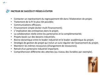FACTEUR DE SUCCÈS ET PIÈGES À ÉVITER
• Contacter un représentant du regroupement tôt dans l'élaboration de projet;
• Traitement de la P.I le plus tôt possible;
• Communications efficaces;
• Financement simple (éviter multi financement);
• L’'implication des entreprises dans le projet;
• La collaboration réelle entre les partenaires et la complémentarité;
• Projets basés sur des besoins industriels;
• Bonne dynamique entre le leader industriel et le leader académique du projet;
• Stratégie de gestion de projet qui inclut un suivi régulier de l’avancement du projet;
• Maintenir les mêmes ressources (Changement de ressources);
• Retrait d’un partenaire industriel important;
• Compréhension différente des attentes (au niveau des livrables par exemple).
 