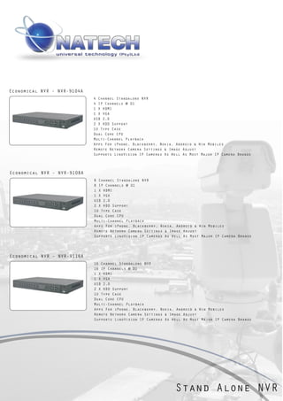 Economical NVR - NVR-9104A
                             4 Channel Standalone NVR
                             4 IP Channels @ D1
                             1 X HDMI
                             1 X VGA
                             USB 2.0
                             2 X HDD Support
                             1U Type Case
                             Dual Core CPU
                             Multi-Channel Playback
                             Apps For iPhone, Blackberry, Nokia, Android & Win Mobiles
                             Remote Network Camera Settings & Image Adjust
                             Supports LinoVision IP Cameras As Well As Most Major IP Camera Brands



Economical NVR - NVR-9108A
                             8 Channel Standalone NVR
                             8 IP Channels @ D1
                             1 X HDMI
                             1 X VGA
                             USB 2.0
                             2 X HDD Support
                             1U Type Case
                             Dual Core CPU
                             Multi-Channel Playback
                             Apps For iPhone, Blackberry, Nokia, Android & Win Mobiles
                             Remote Network Camera Settings & Image Adjust
                             Supports LinoVision IP Cameras As Well As Most Major IP Camera Brands




Economical NVR - NVR-9116A
                             16 Channel Standalone NVR
                             16 IP Channels @ D1
                             1 X HDMI
                             1 X VGA
                             USB 2.0
                             2 X HDD Support
                             1U Type Case
                             Dual Core CPU
                             Multi-Channel Playback
                             Apps For iPhone, Blackberry, Nokia, Android & Win Mobiles
                             Remote Network Camera Settings & Image Adjust
                             Supports LinoVision IP Cameras As Well As Most Major IP Camera Brands




                                                                Stand Alone NVR
 