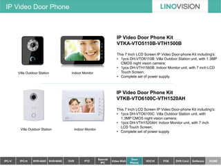 Villa Outdoor Station 
Indoor Monitor 
IP Video Door Phone Kit VTKA-VTO5110B-VTH1500B This 7 Inch LCD Screen IP Video Door-phone Kit including's: 
•1pcs DH-VTO6110B: Villa Outdoor Station unit, with 1.3MP CMOS night vision camera; 
•1pcs DH-VTH1560B: Indoor Monitor unit, with 7 inch LCD Touch Screen; 
•Complete set of power supply. 
Villa Outdoor Station 
Indoor Monitor 
IP Video Door Phone Kit VTKB-VTO6100C-VTH1520AH This 7 Inch LCD Screen IP Video Door-phone Kit including's: 
•1pcs DH-VTO6100C: Villa Outdoor Station unit, with 1.3MP CMOS night vision camera; 
•1pcs DH-VTH1520AH: Indoor Monitor unit, with 7 inch LCD Touch Screen; 
•Complete set of power supply. 
IPC-V 
IPC-H 
NVR-9000 
NVR-8000 
DVR 
PTZ 
Special IPC 
Video Wall 
Door Phone 
HDCVI 
POE 
DVR Card 
Software 
HOME 
IP Video Door Phone  