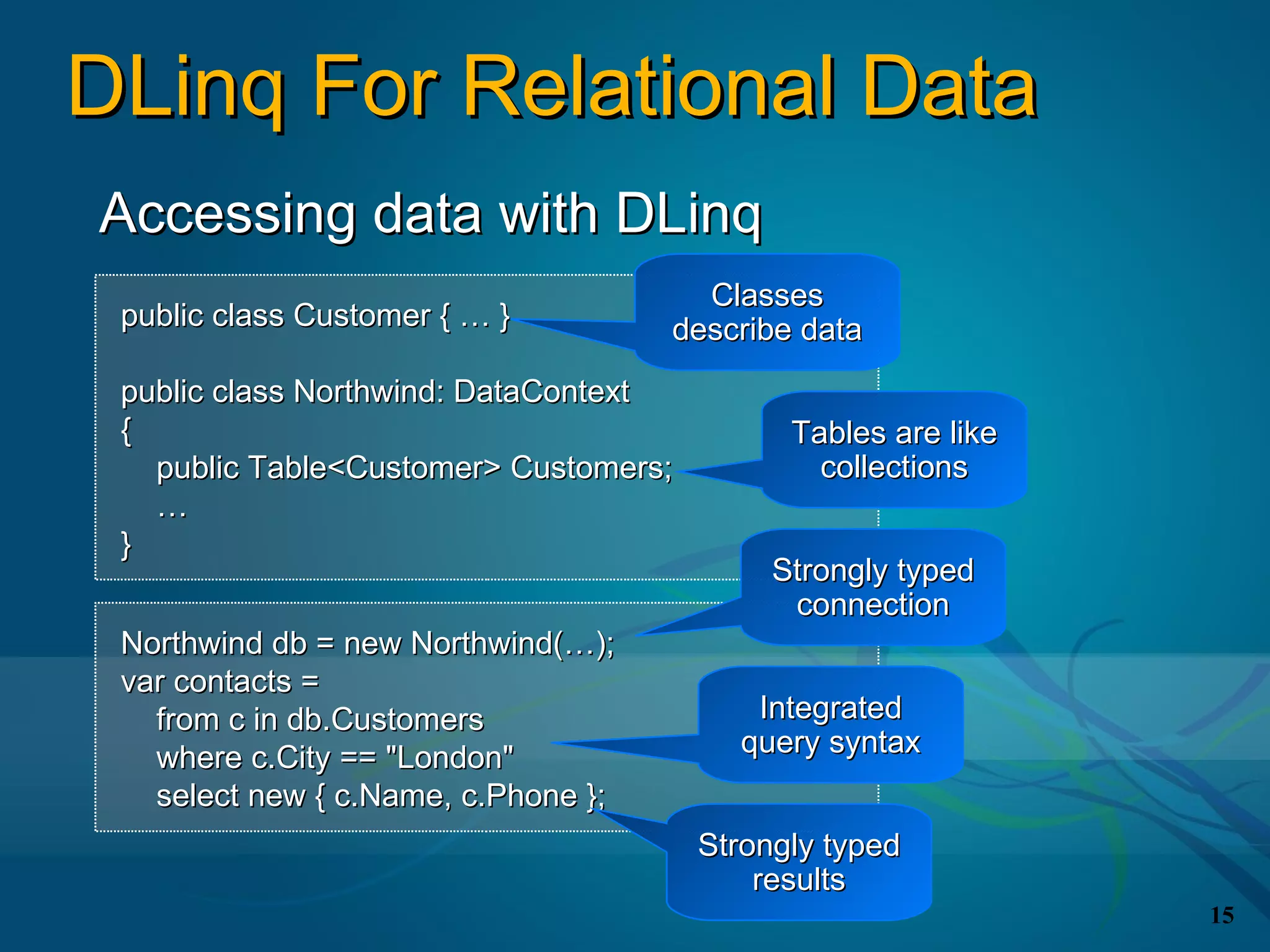 DLinq For Relational Data
Accessing data with DLinq
                                       Classes
 public class Customer { … }         describe data
 public class Northwind: DataContext
 {                                           Tables are like
   public Table<Customer> Customers;           collections
   …
 }
                                            Strongly typed
                                             connection
 Northwind db = new Northwind(…);
 var contacts =
   from c in db.Customers                 Integrated
   where c.City == "London"              query syntax
   select new { c.Name, c.Phone };
                                       Strongly typed
                                           results
                                                               15
 