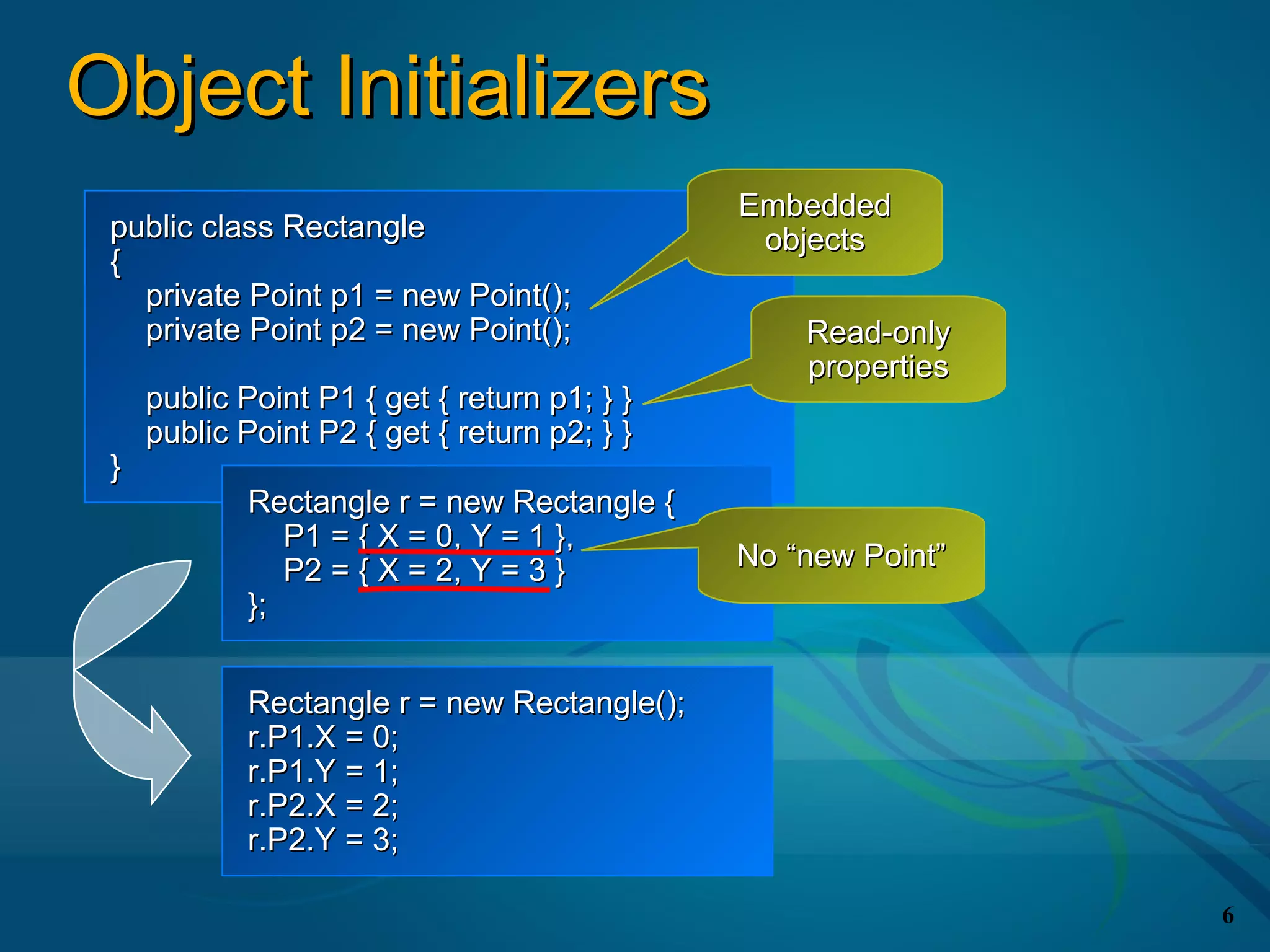 Object Initializers
                                              Embedded
 public class Rectangle                        objects
 {
   private Point p1 = new Point();
   private Point p2 = new Point();                Read-only
                                                  properties
     public Point P1 { get { return p1; } }
     public Point P2 { get { return p2; } }
 }
            Rectangle r = new Rectangle {
               P1 = { X = 0, Y = 1 },
               P2 = { X = 2, Y = 3 }          No “new Point”
            };


            Rectangle r = new Rectangle();
            r.P1.X = 0;
            r.P1.Y = 1;
            r.P2.X = 2;
            r.P2.Y = 3;

                                                               6
 