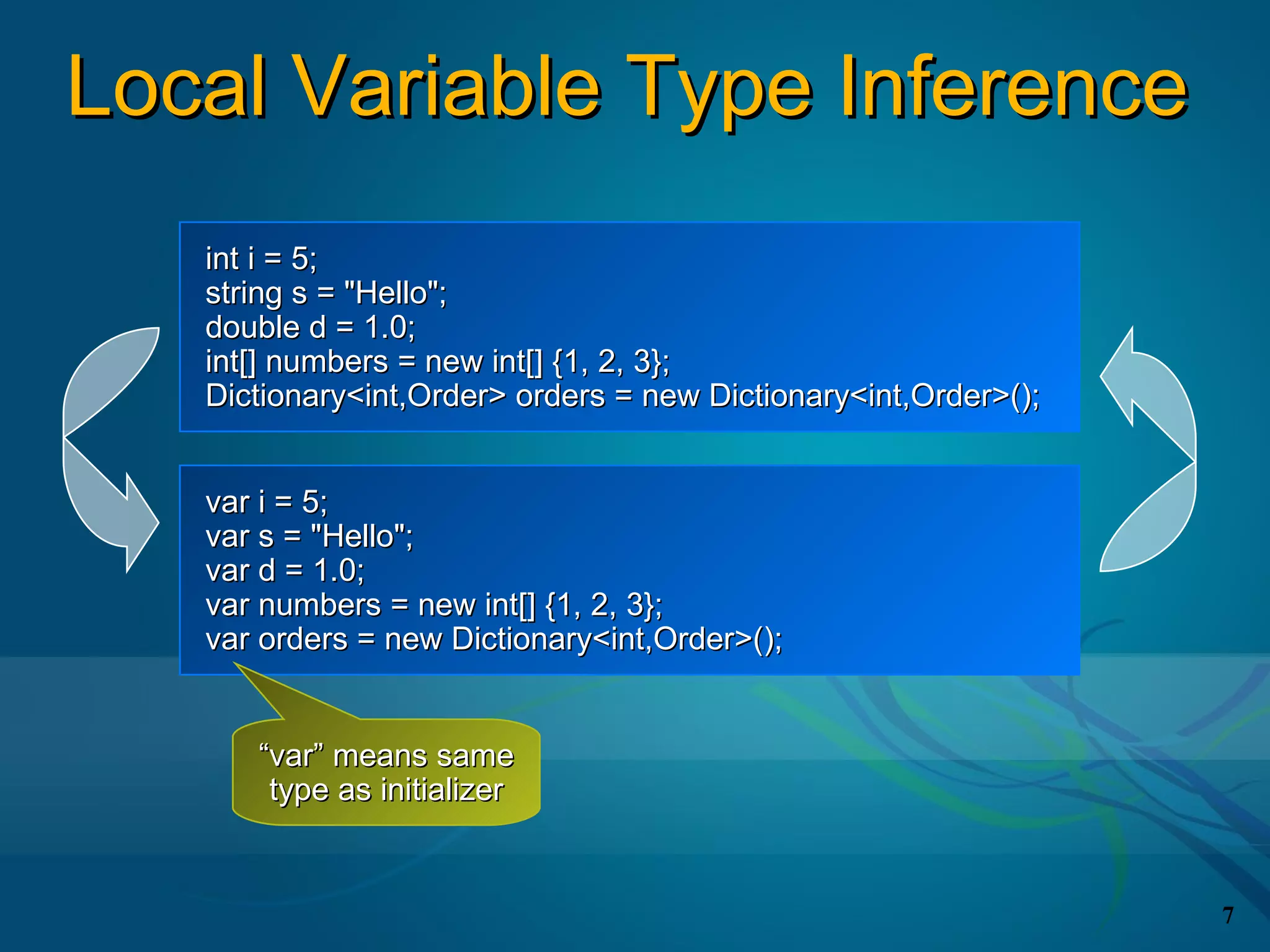 Local Variable Type Inference
   int i = 5;
   string s = "Hello";
   double d = 1.0;
   int[] numbers = new int[] {1, 2, 3};
   Dictionary<int,Order> orders = new Dictionary<int,Order>();


   var i = 5;
   var s = "Hello";
   var d = 1.0;
   var numbers = new int[] {1, 2, 3};
   var orders = new Dictionary<int,Order>();


      “var” means same
       type as initializer


                                                                 7
 