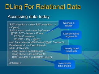 DLinq For Relational Data
Accessing data today
                                              Queries in
 SqlConnection c = new SqlConnection(…);       quotes
 c.Open();
 SqlCommand cmd = new SqlCommand(
   @"SELECT c.Name, c.Phone                   Loosely bound
      FROM Customers c                          arguments
      WHERE c.City = @p0");
 cmd.Parameters.AddWithValue("@p0", "London“);
 DataReader dr = c.Execute(cmd);
 while (dr.Read()) {                          Loosely typed
    string name = dr.GetString(0);              result sets
    string phone = dr.GetString(1);
    DateTime date = dr.GetDateTime(2);
 }
 dr.Close();                              No compile
                                         time checks

                                                              14
 