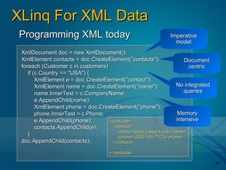 XLinq For XML Data
Programming XML today                                        Imperative
                                                               model
 XmlDocument doc = new XmlDocument();
 XmlElement contacts = doc.CreateElement("contacts");                Document
 foreach (Customer c in customers)                                    centric
    if (c.Country == "USA") {
        XmlElement e = doc.CreateElement("contact");
        XmlElement name = doc.CreateElement("name");             No integrated
        name.InnerText = c.CompanyName;                              queries
        e.AppendChild(name);
        XmlElement phone = doc.CreateElement("phone");
        phone.InnerText = c.Phone;                                Memory
        e.AppendChild(phone);      <contacts>                    intensive
        contacts.AppendChild(e);     <contact>
                                       <name>Great Lakes Food</name>
    }                                  <phone>(503) 555-7123</phone>
 doc.AppendChild(contacts);          </contact>
                                      …
                                    </contacts>

                                                                                 17
 