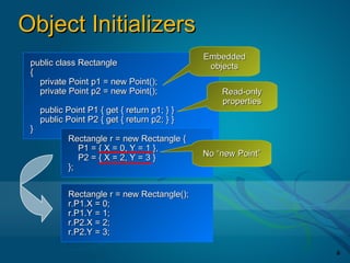 Object Initializers
                                              Embedded
 public class Rectangle                        objects
 {
   private Point p1 = new Point();
   private Point p2 = new Point();                Read-only
                                                  properties
     public Point P1 { get { return p1; } }
     public Point P2 { get { return p2; } }
 }
            Rectangle r = new Rectangle {
               P1 = { X = 0, Y = 1 },
               P2 = { X = 2, Y = 3 }          No “new Point”
            };


            Rectangle r = new Rectangle();
            r.P1.X = 0;
            r.P1.Y = 1;
            r.P2.X = 2;
            r.P2.Y = 3;

                                                               6
 