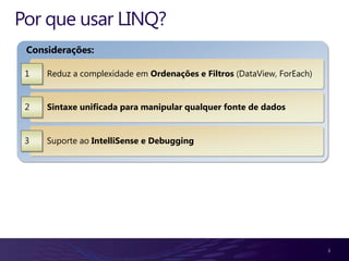 Por que usar LINQ?
 Considerações:

 1   Reduz a complexidade em Ordenações e Filtros (DataView, ForEach)


 2   Sintaxe unificada para manipular qualquer fonte de dados


 3   Suporte ao IntelliSense e Debugging




                                                                        3
 