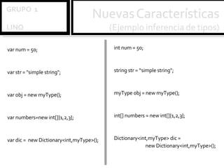 int num = 50; string str = “simple string"; myType obj = new myType(); int[] numbers = new int[]{1,2,3}; Dictionary<int,myType> dic =  new Dictionary<int,myType>(); var num = 50; var str = "simple string"; var obj = new myType(); var numbers=new int[]{1,2,3}; var dic =  new Dictionary<int,myType>(); 