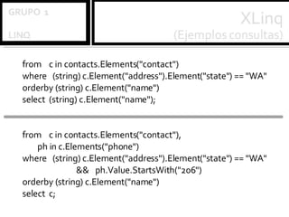 from  c in contacts.Elements("contact") where  (string) c.Element("address").Element("state") == "WA" orderby (string) c.Element("name") select  (string) c.Element("name"); from  c in contacts.Elements("contact"),   ph in c.Elements("phone") where  (string) c.Element("address").Element("state") == "WA"  && ph.Value.StartsWith("206") orderby (string) c.Element("name") select  c; 