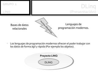 Los lenguajes de programación modernos ofrecen el poder trabajar con los datos de forma ágil y rápida (Por ejemplo los objetos). DLINQ Proyecto LINQ Bases de datos relacionales Lenguajes de programación modernos. muchas diferencias 