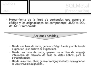 Herramienta de la línea de comandos que genera el código y las asignaciones del componente LINQ to SQL de .NET Framework.  Acciones posibles Desde una base de datos, generar código fuente y atributos de asignación (o un archivo de asignación). Desde una base de datos, generar un archivo de lenguaje intermedio de marcado de base de datos (.dbml) para su personalización. Desde un archivo .dbml, generar código y atributos de asignación (o un archivo de asignación). 
