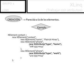 CREACIÓN  --> Parecida a la de los elementos. Ejemplo XElement contact = new XElement("contact", new XElement("name", "Patrick Hines"), new XElement("phone", new XAttribute("type", "home") , "206-555-0144" ), new XElement("phone", new XAttribute("type", "work") , "425-555-0145" ) ); 