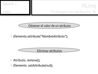 Obtener el valor de un atributo Elemento.attribute(“NombreAtributo”); Eliminar atributos Atributo.  remove(); Elemento. setAttribute(null);   