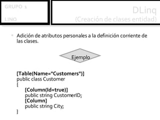 Adición de atributos personales a la definición corriente de las clases.  Ejemplo [Table(Name="Customers")] public class Customer { [Column(Id=true)] public string CustomerID; [Column] public string City; } 