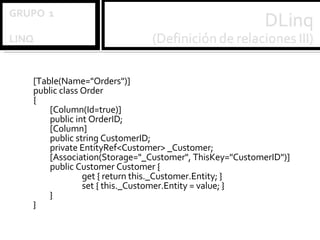 [Table(Name="Orders")] public class Order { [Column(Id=true)] public int OrderID; [Column] public string CustomerID; private EntityRef<Customer> _Customer;  [Association(Storage="_Customer", ThisKey="CustomerID")] public Customer Customer { get { return this._Customer.Entity; } set { this._Customer.Entity = value; } } } 