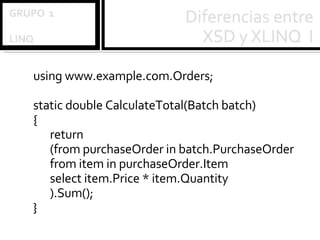 using www.example.com.Orders;   static double CalculateTotal(Batch batch)  { return (from purchaseOrder in batch.PurchaseOrder from item in purchaseOrder.Item select item.Price * item.Quantity ).Sum(); } 