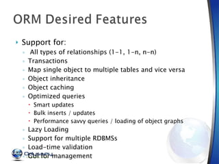 Support for: All types of relationships (1-1, 1-n, n-n) Transactions Map single object to multiple tables and vice versa Object inheritance Object caching Optimized queries Smart updates Bulk inserts / updates Performance savvy queries / loading of object graphs Lazy Loading Support for multiple RDBMSs Load-time validation GUI for management 