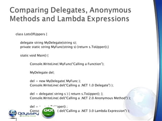 class LotsOfUppers { delegate string MyDelegate(string s);  private static string MyFunc(string s) {return s.ToUpper();} static void Main() { Console.WriteLine( MyFunc(“Calling a Function”); MyDelegate del; del = new MyDelegate( MyFunc ); Console.WriteLine( del(“Calling a .NET 1.0 Delegate") ); del = delegate( string s ) { return s.ToUpper(); };  Console.WriteLine( del(“Calling a .NET 2.0 Anonymous Method") ); del = s => s.ToUpper() ;  Console.WriteLine( del(“Calling a .NET 3.0 Lambda Expression") );  } } 