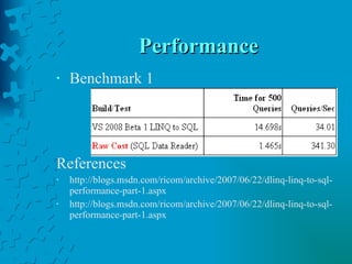 Performance Benchmark 1 References http://blogs.msdn.com/ricom/archive/2007/06/22/dlinq-linq-to-sql-performance-part-1.aspx http://blogs.msdn.com/ricom/archive/2007/06/22/dlinq-linq-to-sql-performance-part-1.aspx 