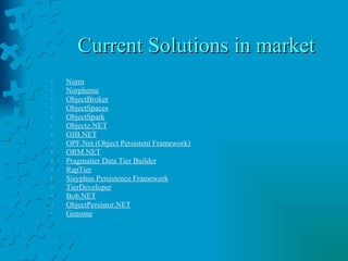 Current Solutions in market Norm   Norpheme   ObjectBroker   ObjectSpaces   ObjectSpark   Objectz.NET   OJB.NET   OPF.Net (Object Persistent Framework)   ORM.NET   Pragmatier Data Tier Builder   RapTier   Sisyphus Persistence Framework   TierDeveloper   Bob.NET   ObjectPersistor.NET   Genome 