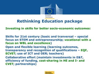 Date: in 12 pts
Rethinking Education package
Investing in skills for better socio-economic outcomes:
Skills for 21st century (basic and tranversal – special
focus on STEM and entrepreneurship; vocational with a
focus on WBL and excellence)
Open and flexible learning (learning outcomes,
transparency and recognition of qualifications – EQF,
ECVET; use of ICT and OER; teachers)
Collaborative effort (maintain investments in E&T,
efficiency of funding, cost-sharing in HE and I- and
CVET; partnerships)
Education
 