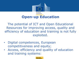 Date: in 12 ptsEducation
Open-up Education
The potential of ICT and Open Educational
Resources for improving access, quality and
efficiency of education and training is not fully
exploited.
• Digital competences, European
competitiveness and equity;
• Access, efficiency and quality of education
and training systems:
 