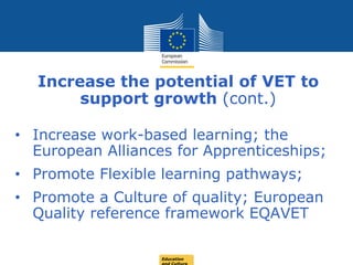 Date: in 12 ptsEducation
Increase the potential of VET to
support growth (cont.)
• Increase work-based learning; the
European Alliances for Apprenticeships;
• Promote Flexible learning pathways;
• Promote a Culture of quality; European
Quality reference framework EQAVET
 