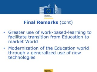 Date: in 12 ptsEducation
Final Remarks (cont)
• Greater use of work-based-learning to
facilitate transition from Education to
market World
• Modernization of the Education world
through a generalized use of new
technologies
 
