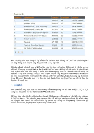LINQ to SQL Tutorial
103
Ghi chú rằng việc phân trang và sắp xếp sẽ vẫn làm việc bình thường với GridView của chúng ta –
dù rằng chúng ta đã chuyển sang dùng câu lệnh LINQ tùy biến.
Dù vậy, vẫn có một tính năng sẽ không làm việc khi dùng phép chiếu dữ liệu, đó là việc hỗ trợ cập
nhật dữ liệu ngay trong GridView. Đó là vì LINQDataSource không biết cách nào để cập nhật dữ
liệu một cách an toàn. Nếu chúng ta muốn thêm khả năng cập nhật vào cho GridView để hỗ trợ các
kiểu trả về tùy biến như vậy, chúng ta hoặc sẽ phải chuyển sang dùng một control ObjectDataSource
(ta phải cung cấp thêm phương thức Update để xử lý việc cập nhật), hoặc phải cung cấp thêm một
trang để người dùng cập nhật – và hiển thị môt DetailsView hay FormViewgắn nối và thực thể
Product để chỉnh sửa.
4. Tổng kết
Bạn có thể dễ dàng thực hiện các thao tác truy vấn thường dùng với mô hình dữ liệu LINQ to SQL
dùng khả năng khai báo các bọ lọc của LINQDataSource.
Để thực hiện biểu thức lọc phức tạp hơn, bạn có thể tận dụng ưu điểm của sự kiên Selecting có trong
LINQDataSource. Điều này cho phép bạn thực hiện bất kỳ logic nào bạn muốn để lấy về các dòng
dữ liệu phù hợp. Bạn có thể nhiều cách để lấy dữ liệu này, chẳng hạn dùng Query Expressions, gọi
Stored Procedures, hay thực hiện một câu truy vấn tùy biến.
 
