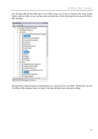 LINQ to SQL Tutorial
16
Các dễ dàng nhất để làm điều này là mở CSDL trong cửa sổ Server Explorer bên trong Visual
Studio, chọn các table và view mà bạn muốn mô hình hóa, và kéo thả chúng lên trên của sổ LINQ to
SQL designer.
Khi bạn thêm 2 bảng (Categories and Products) và 1 view (Invoices) từ CSDL “Northwind” vào cửa
sổ LINQ to SQL designer, bạn sẽ có thêm 3 lớp thực thể được tạo ra một cách tự động:
 